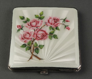 A silver and guilloche enamel square compact with rose decoration 3" 