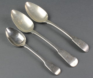 2 George III silver fiddle pattern tablespoons, London 1807 and 1809, a ditto dessert spoon London 1812 