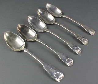 4 George IV silver fiddle pattern table spoons with shell ends and engraved initial Edinburgh 1823, a Victorian ditto Edinburgh 1859, 12 ozs 