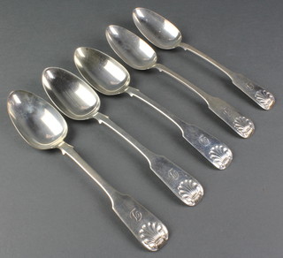 5 Victorian silver fiddle pattern table spoons with shell ends and engraved initial, Edinburgh 1881, 12 ozs 
