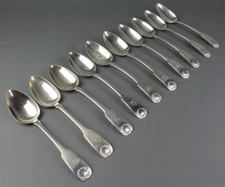 10 George IV silver fiddle pattern table spoons with shell ends and engraved initial, Edinburgh 1824, 22 ozs 
