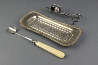 A 19th Century silver plated marrow scoop with ivory handle, a pair of silver plated snuffers and a ditto tray 