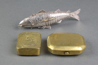 An Oriental silver box in the form of an articulated fish 5", 2 19th Century brass snuff boxes 