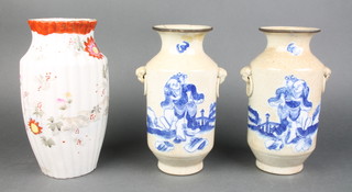 A pair of Chinese crackle glazed twin handled vases decorated figures 3"h, the bases with 4 character mark (1 f and r) and a Japanese vase with floral decoration base with 3 character mark 8" 
 