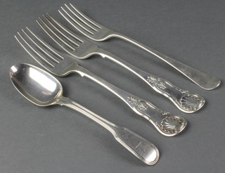 A pair of Victorian silver table forks, a Georgian ditto and a dessert spoon 