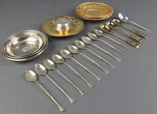 A Turkish silver coin set nut dish, 2 others, a lidded box, minor spoons and six 800 gilt saucers  
