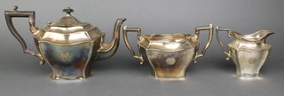 A silver plated quatrefoil tea set, a crumb tray and minor plated items