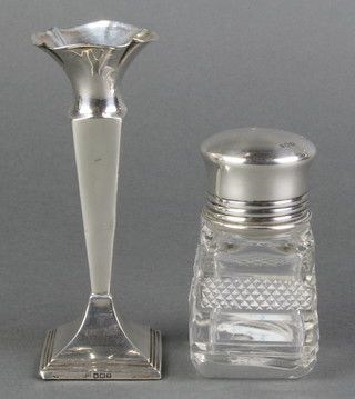 A tapered silver posy vase with square base, Sheffield 1917 4 1/2", a silver mounted toilet jar 3"