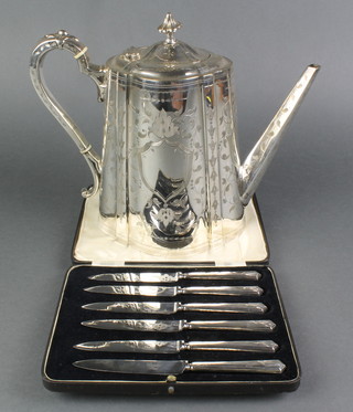 A cased set of 6 silver handled fruit knives, an Edwardian plated teapot 