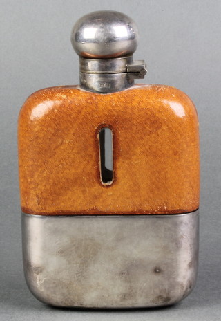 An Edwardian silver plated and leather mounted hip flask with plated cup base 