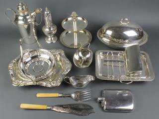 A silver plated 2 section cake stand a ditto hip flask and minor plated items 