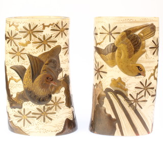 A pair of Meiji period ivory and lacquered tusks decorated birds