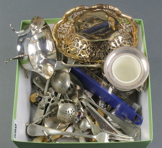 A silver plated pierced bon bon dish and minor plated items