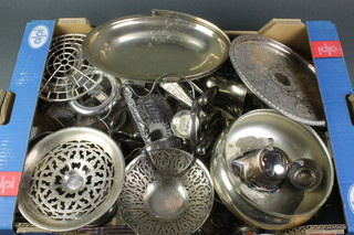 A silver plated swing handled basket and minor plated items 