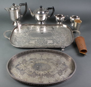 A silver plated 4 piece tea and coffee set with ebonised handles, 2 plated trays and a cased cup set 