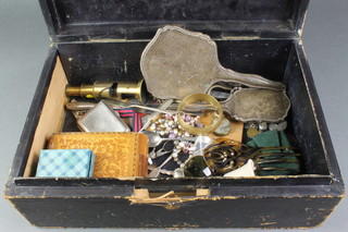 2 silver butter knives, minor silver and plated items contained in a leather deed box 