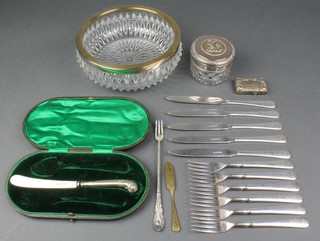 A silver plated mounted salad bowl and minor plated items