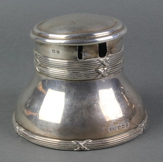 A silver waisted capstan inkwell with presentation inscription, Birmingham 1920 3 1/2" 