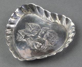 A Victorian silver repousse heart dish decorated with Reynolds angels 2 1/4" 