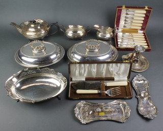A silver plated 3 piece tea set with fret borders and minor plated items