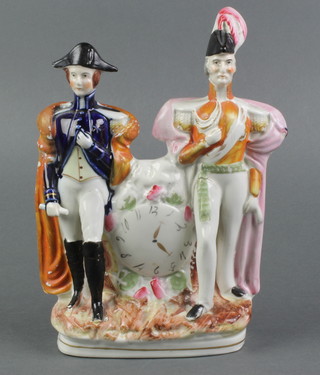 A 19th Century Staffordshire figure group of 2 standing Generals supporting a clock 8" 