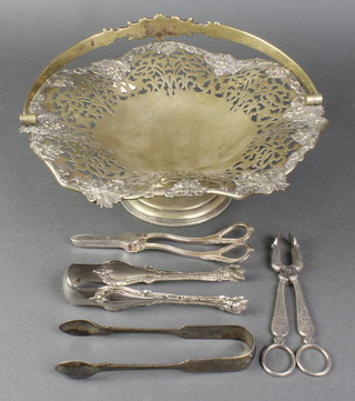 An Edwardian silver plated swing handled basket and minor plated items 