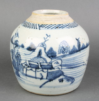 A Chinese provincial blue and white ginger jar decorated a landscape 6" (no lid) 