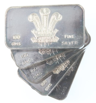 5 boxed 1969 Prince of Wales Investiture silver ingots, 100 grams each