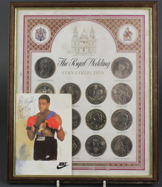 A framed set The Royal Wedding Coin Collection of cupro nickel crowns together with a signed postcard Frank Bruno 