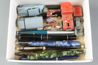 A Conway Stewart 84 blue marbled fountain pen, minor fountain pens, pencils and toys  