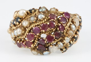 A 1970's 14ct yellow gold gem and seed pearl set ring 