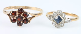 An 18ct yellow gold sapphire and diamond ring size I and a 9ct gold garnet set ring size P 