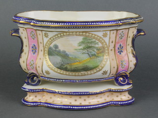 An 18th Century Derby porcelain boat shaped chassepot decorated view near Anchorchurch Derbyshire, raised on a shaped stand 5" 