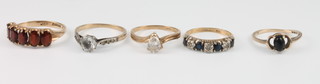 5 9ct gold gem set rings, sizes I 1/2, K 1/2, M, N 1/2 and O 1/2 