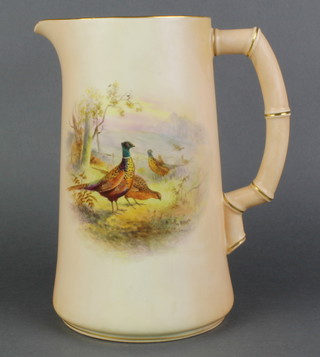 A Victorian Royal Worcester blush ivory jug decorated pheasants, the base with pink Worcester mark and 12 dots 9"