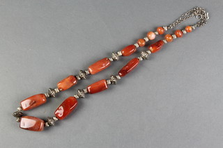 A Continental agate and repousse white metal bead necklace 26" 