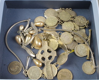 A coin set Albert and minor silver and other coin jewellery