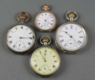 A silver cased open pocket watch with seconds at 6 o'clock, 1 other, a gun metal pocket watch and a lady's gold plated fob watch 