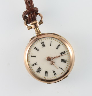 A lady's 18ct gold diamond set fob watch with enamelled dial and pin brooch 