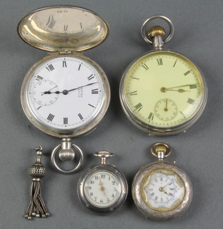 A silver cased hunter pocket watch with seconds at 6 o'clock, the dial inscribed Vertex Revue, 1 other open faced pocket watch, 2 fob watches and a tassel 