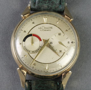 A gentleman's Le Coultre Futurematic gilt cased wristwatch with 2 subsidiary dials on a leather bracelet