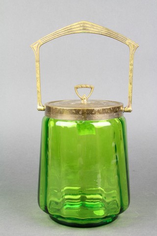 A WMF Art Nouveau green faceted glass biscuit barrel with swing handle and plated mounts 6" 