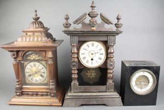 Wurttemberg, a striking bracket clock with arched gilt dial and silvered chapter ring, contained in a carved walnut case (2 finials missing) together with Unghans American 30 hour timepiece contained in a pine case (glass door missing)  and a 19th Century French striking mantel clock with porcelain dial and Arabic numerals contained in a square marble case (plinth missing) 