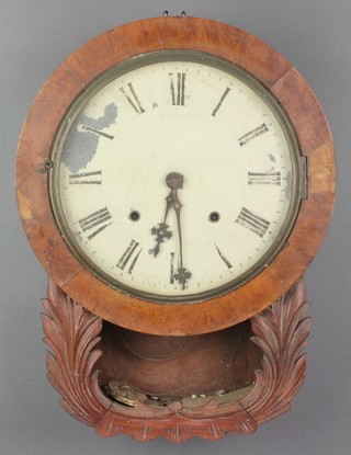 A Victorian 8 day striking drop dial wall clock with 10" painted dial, striking on a gong, contained in a carved walnut case, 