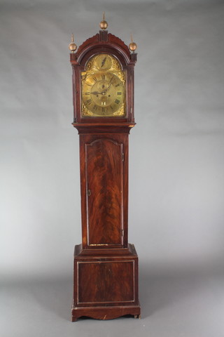 King of London, an 18th Century 8 day striking longcase clock with 5 pillar movement, the 12" arched brass dial with strike/silent indicator and minute indicator, the spandrels decorated figures of the harvest, contained in an associated mahogany case 77"h 