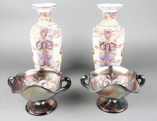 A pair of Victorian purple Carnival glass square twin handled dishes 4" (1 is chipped to base) and a pair of late 19th Century Japanese Satsuma club shaped vases 10" 