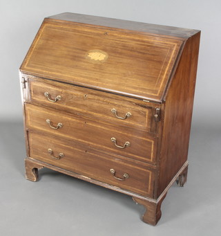 An Edwardian inlaid mahogany bureau, the fall front revealing a well fitted interior with drawers and pigeon holes above 3 long drawers with brass swan neck drop handles 38"h x 35"w x 19"d 