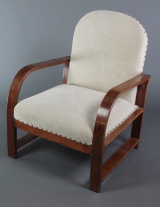 A Heals style Art Deco mahogany open arm chair upholstered in white suede 
