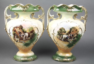 A pair of Edwardian New Victory twin handled pottery vases decorated watering cart horses 14" 