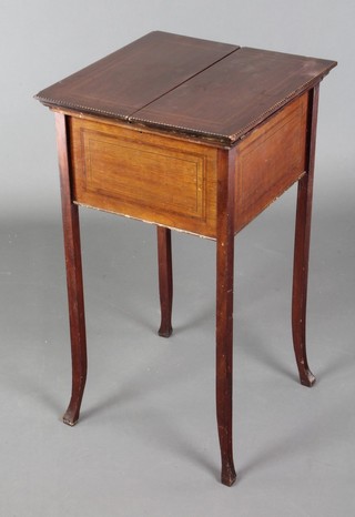 A square Edwardian inlaid mahogany sewing table with satinwood stringing, the hinged lid revealing a fitted interior, raised on splayed supports 28"h x 15 1/2"w x 16"d 